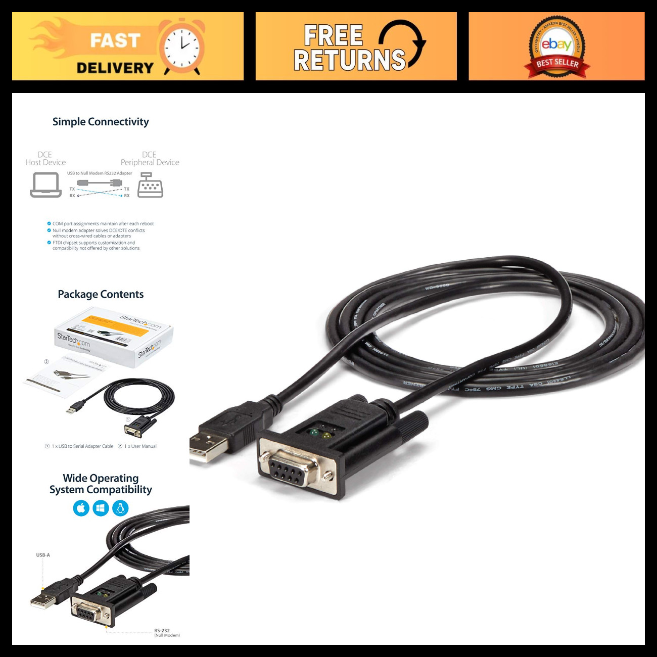 6ft USB to Serial RS232 Adapter Cable, Null Modem, TAA Compliant, PC Connection
