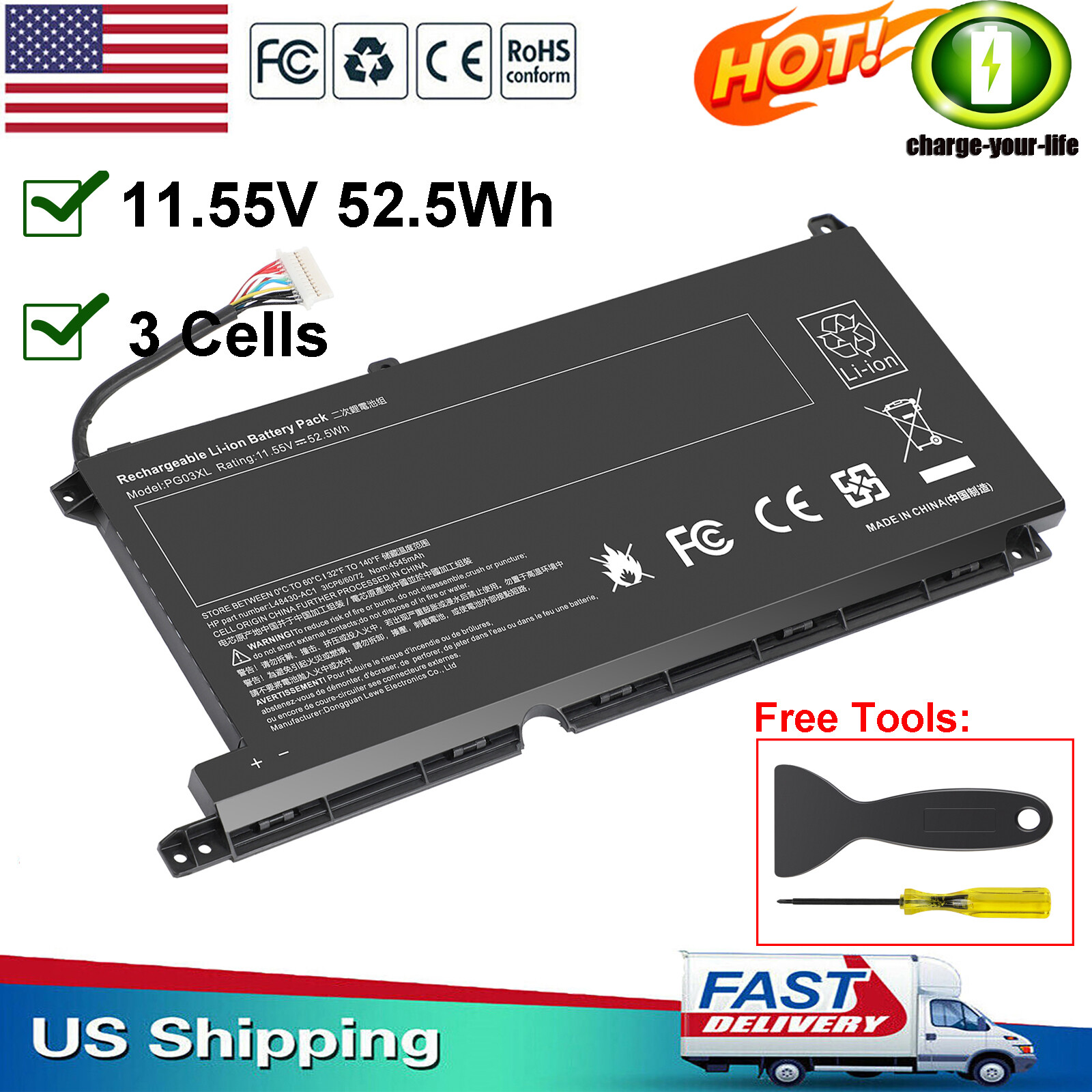 PG03XL Laptop Battery For HP Pavilion 15-DK Series HSTNN-OB1I HSTNN-DB9G 11.55V