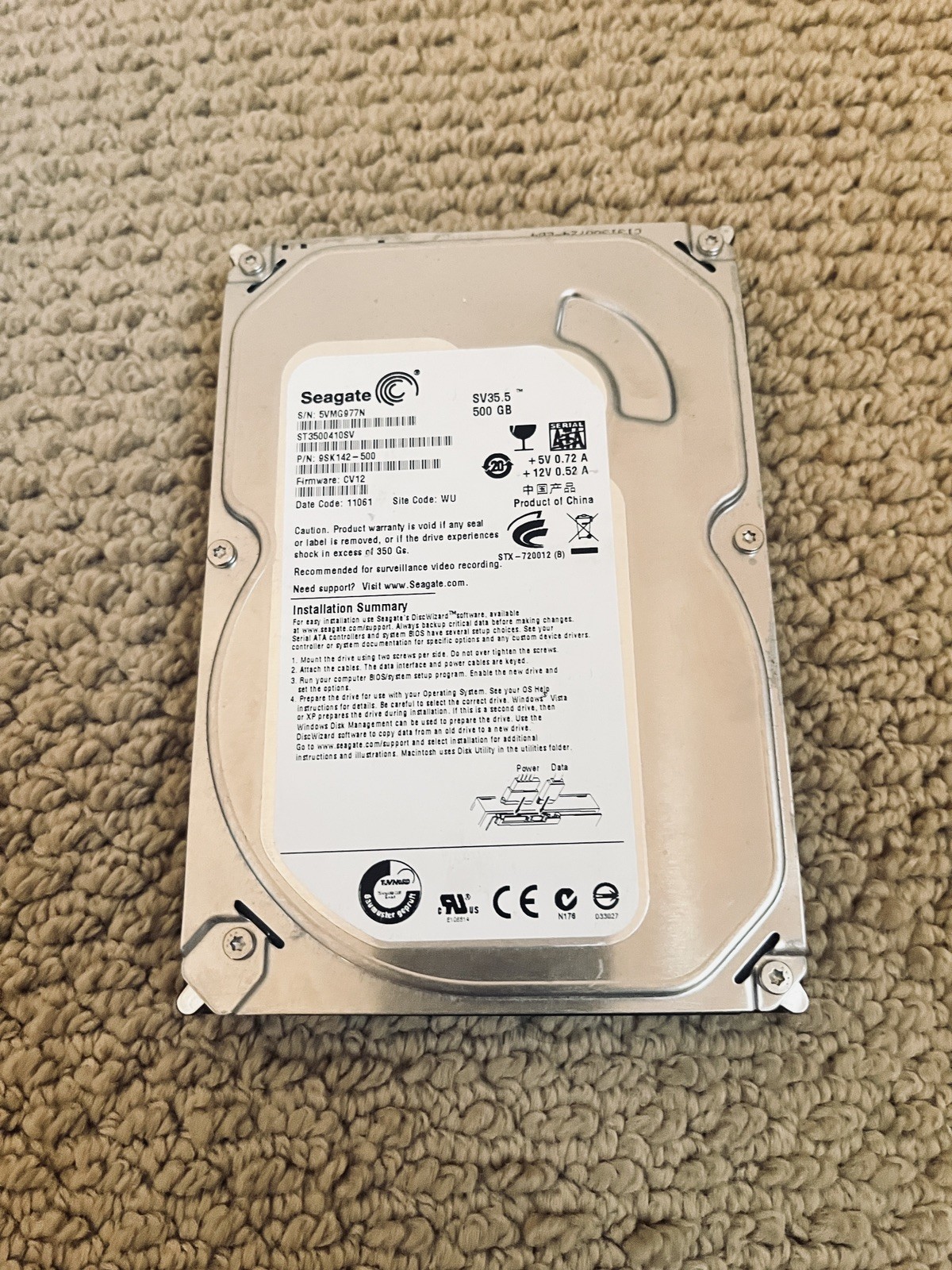 Seagate Pipeline Hard Drive ST3500410SV/500 GB Storage, SATA 3.0 Gb/s Drive/USED
