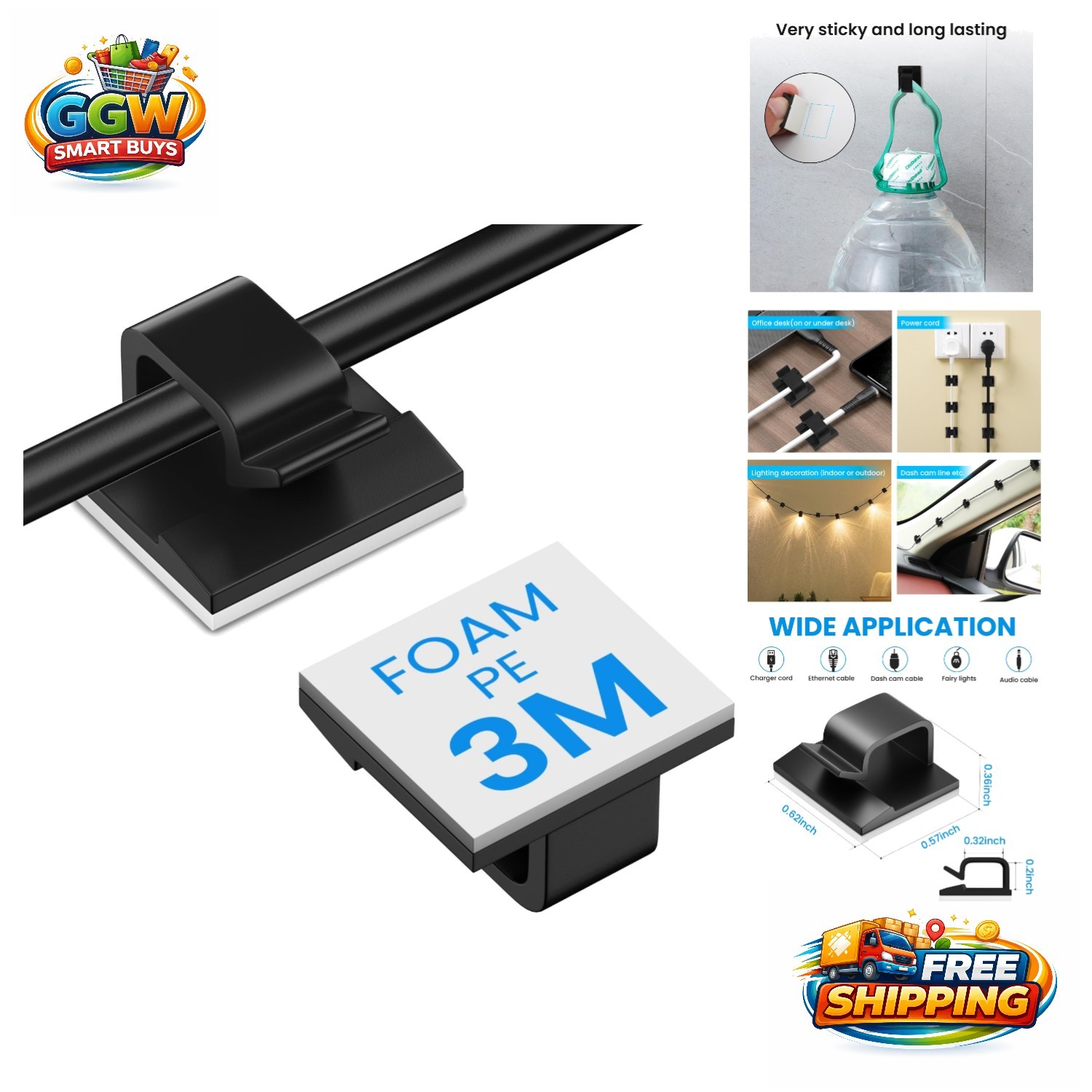 30 Pcs Self-Adhesive Black Cable Clips for Elegant Cord Management