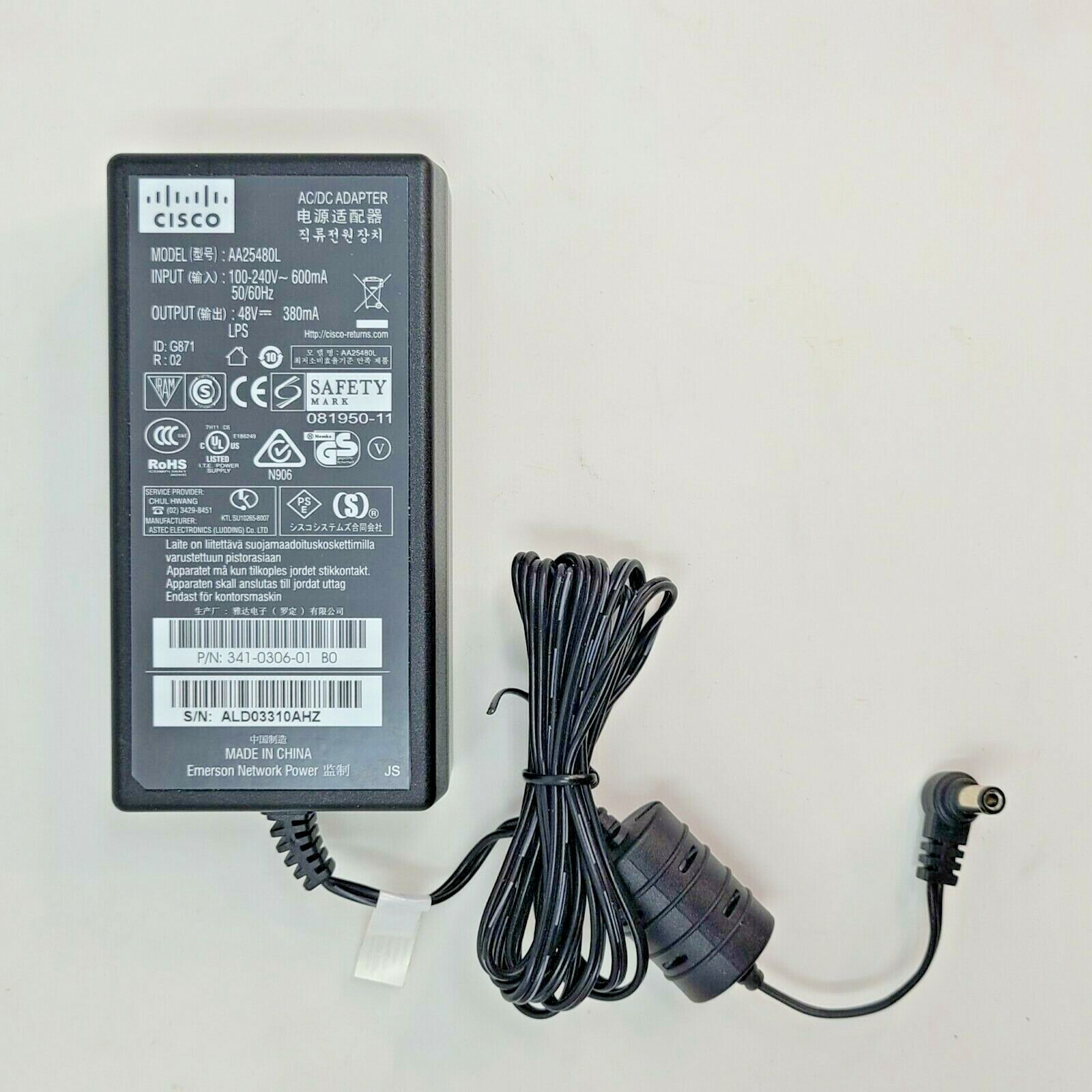 Cisco AA25480L P/N 341-0306-01 Power Supply AC/DC Adapter 48V 380mA AIR-PWR