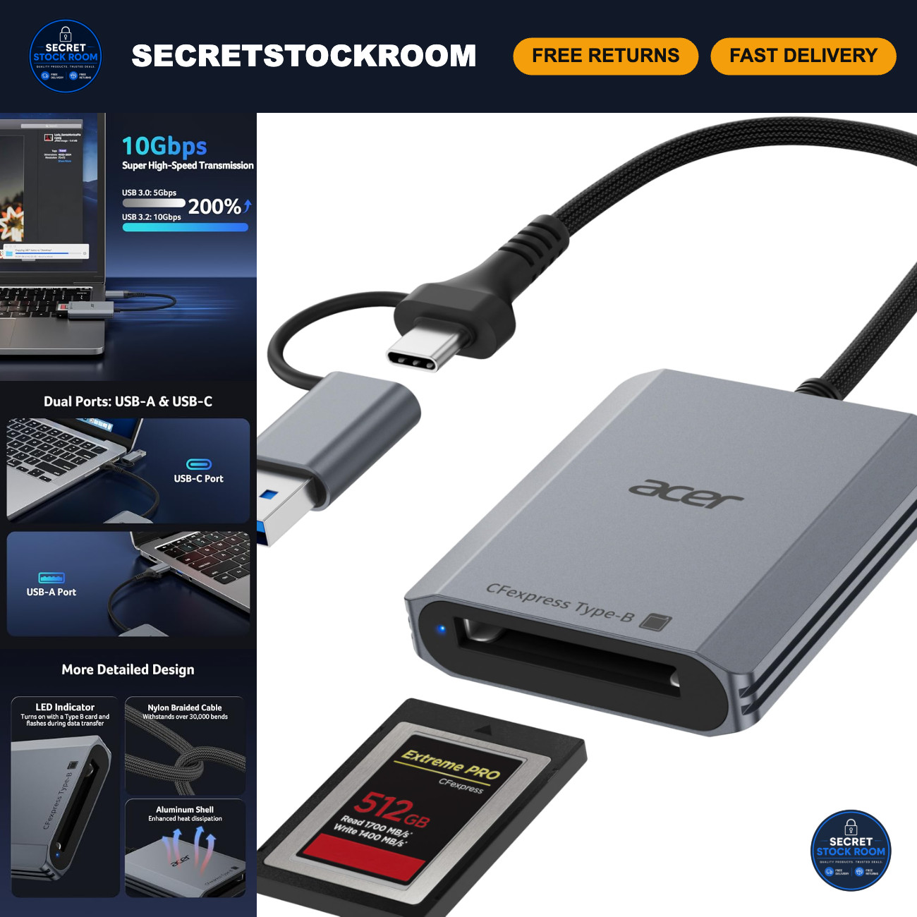 CFexpress Type B Card Reader USB 3.2 Gen 2 - Fast Data Transfer for CFexpress Ca