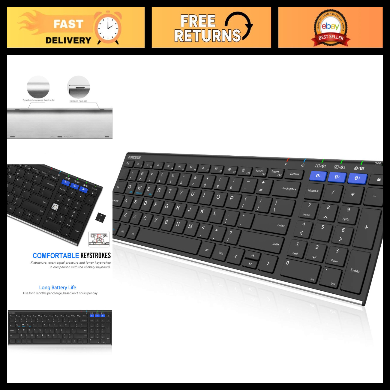 Universal Bluetooth Keyboard - Multi-Device Wireless, Full Size, Rechargeable fo