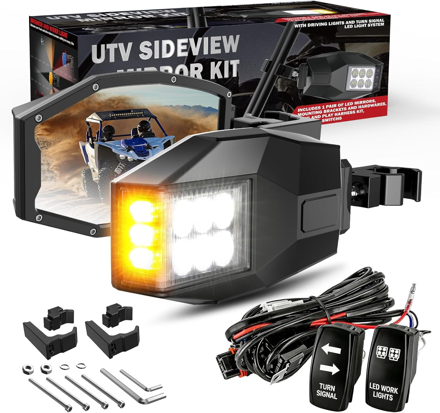 UTV Side View Mirrors Aluminium with White LED Lights Amber Blinker Turn Signal