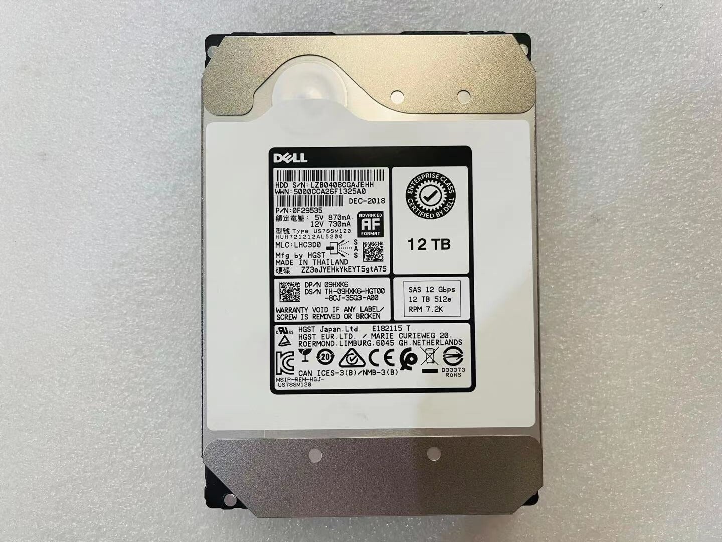 For Dell 9HXK6 09HXK6 12TB 7.2K NL SAS 3.5" 12Gbps Hard Drive HUH721212AL5200