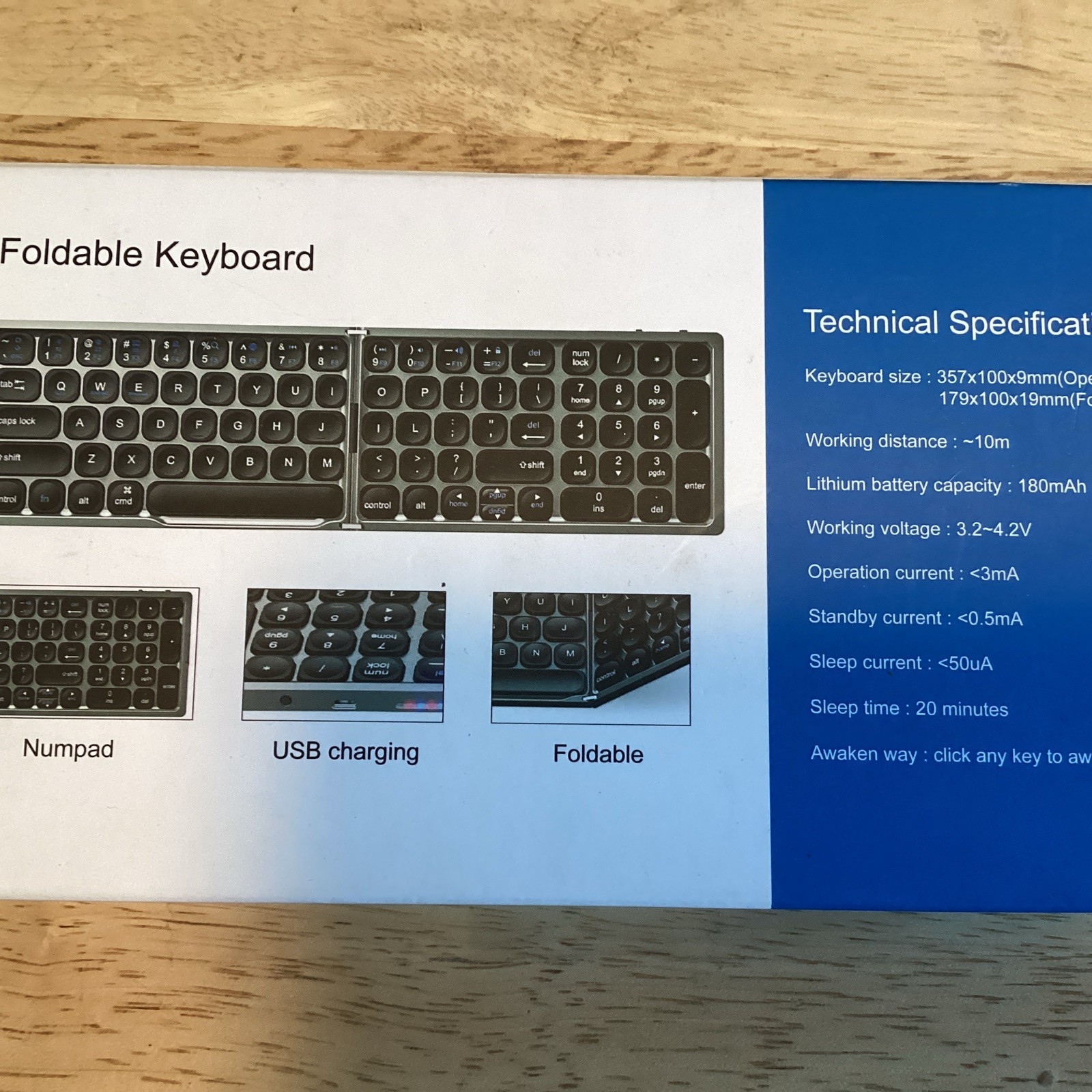 RoHS Foldable Bluetooth Keyboard FK328 Numpad USB Charge Ultra Slim