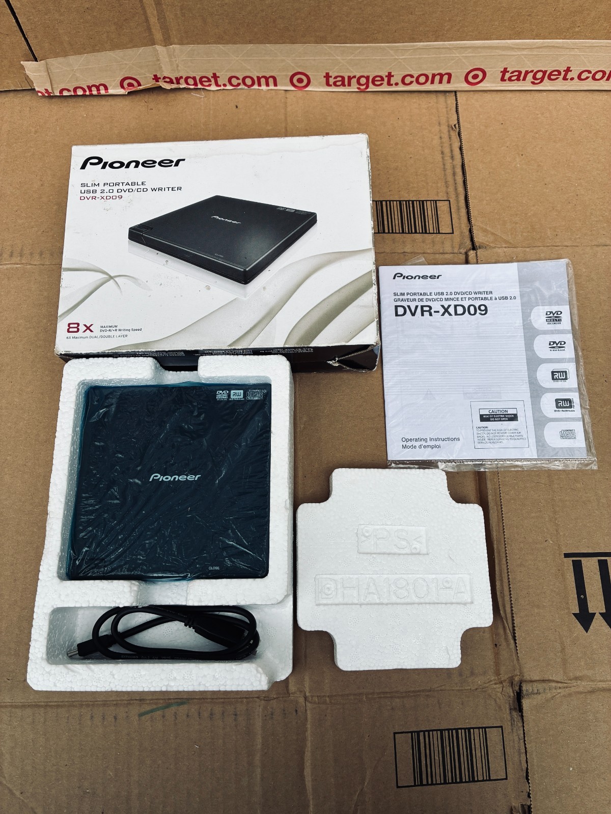 Pioneer DVR-XD09 Slim Portable External USB 2.0 DVD CD Writer Burner Black Box