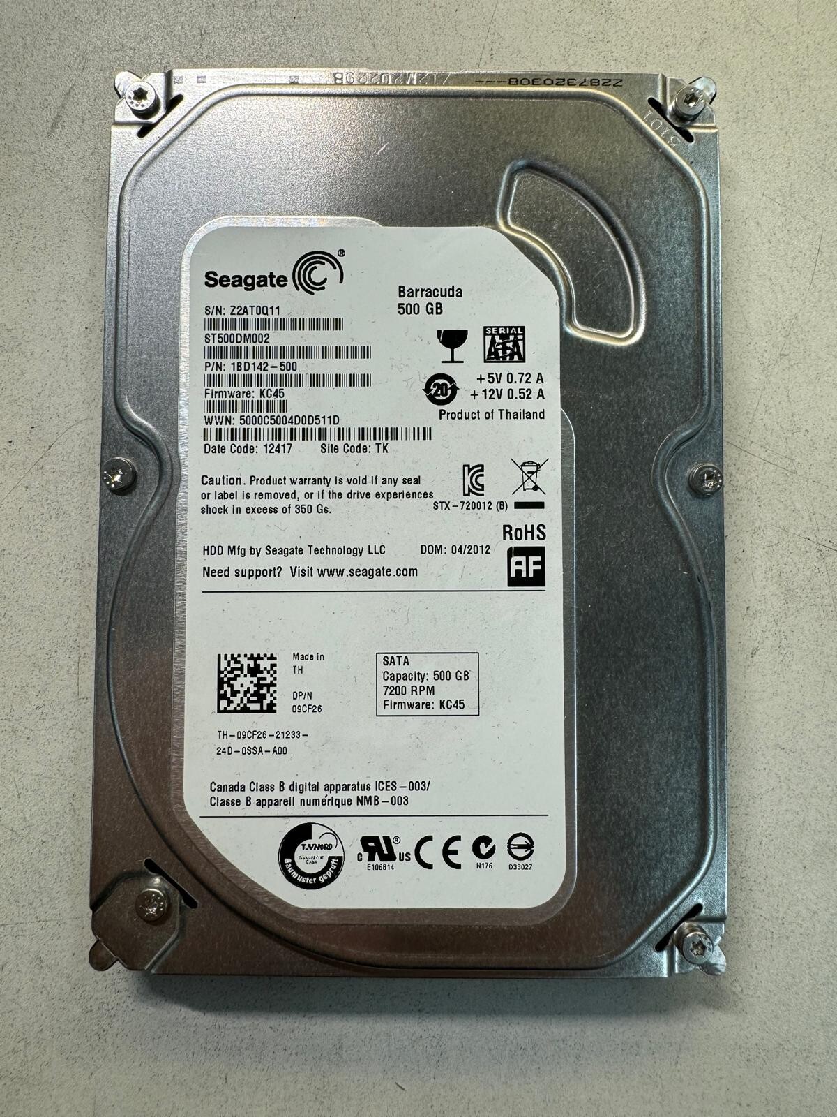 DELL 9CF26 ST500DM002 1BD142-500 500GB Firmware KC45 Date Code 12417 SATA 3.5"