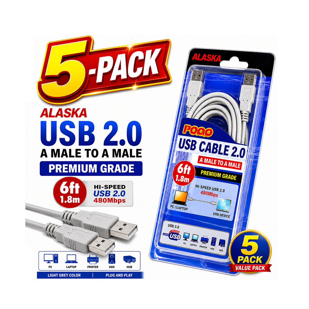 ALASKA USB 2.0 A Male to A Male Cable 6FT 1.8M High Speed 480Mbps 5-Pack