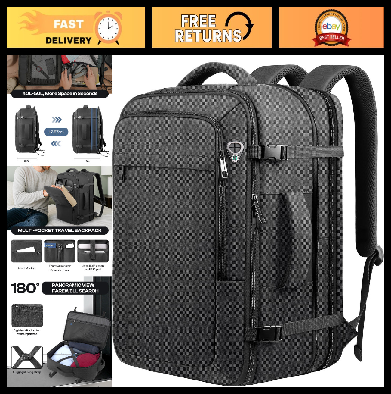 Extra Large 40L-50L Carry-On Backpack, TSA Approved, Water Resistant, Fits 17.3"