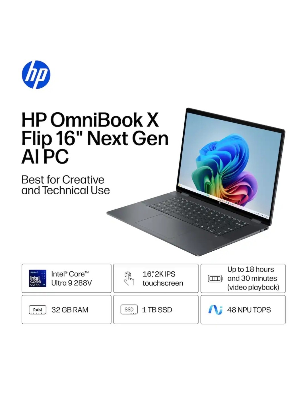 HP OmniBook X Flip - 16" 2K Touchscreen Laptop/Tablet W/Intel Core ULTRA 9 - 1TB