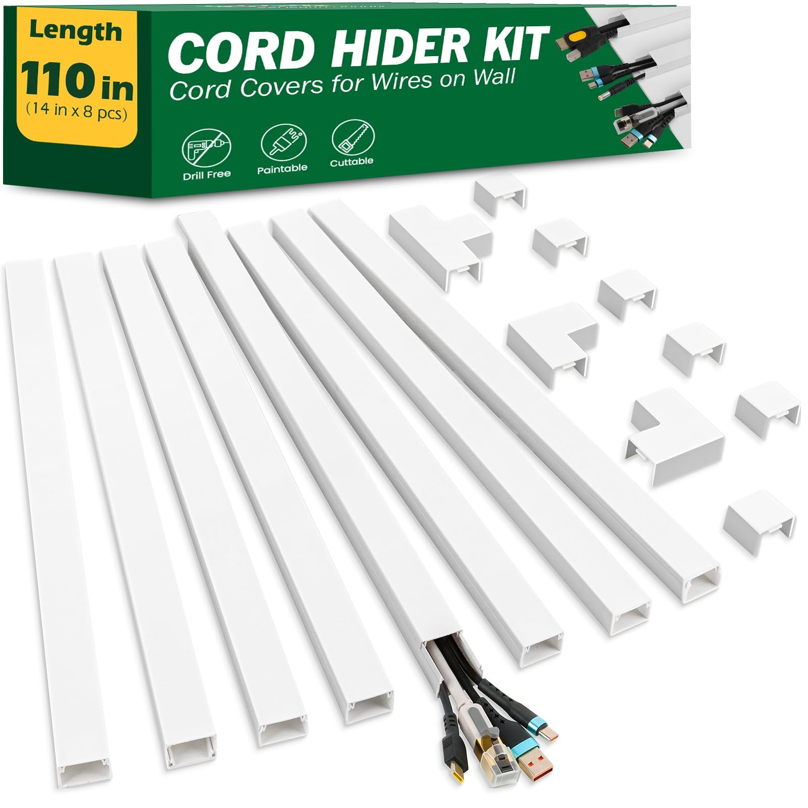 AZEN Cord Hider Kit, 110in Covers for Wires on Wall, M-8P, M-8P 