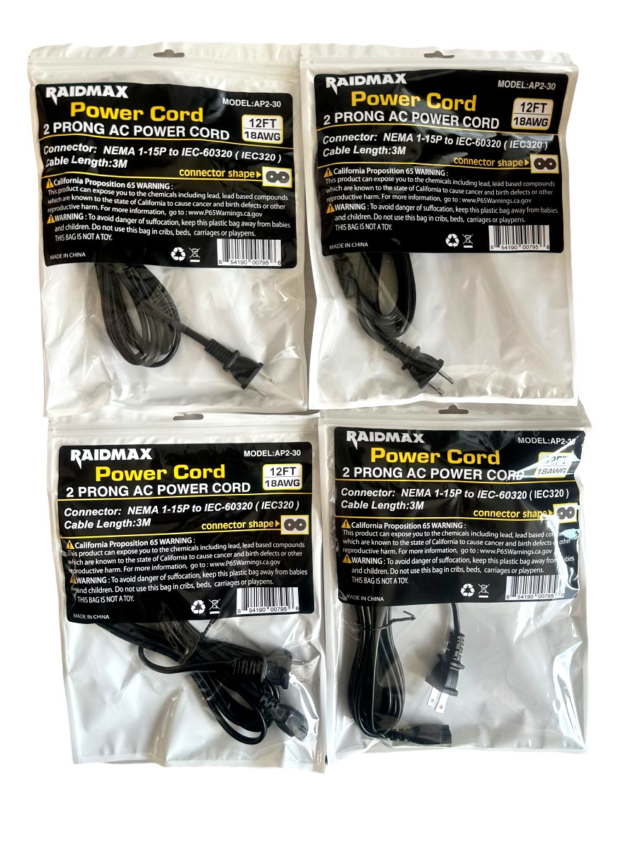 Power Cord 12ft 18 Gauge 2 Prong AC Power Cord Gaming PC Printer *LOT OF 4*