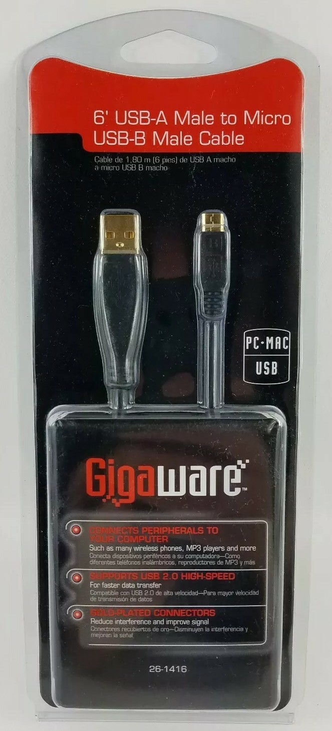Gigaware® 6-Ft. USB-A to Micro USB-B Male Peripherals Cable NOS