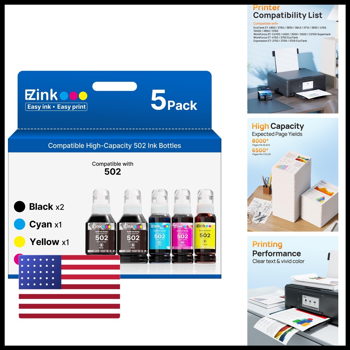 E-Z Ink 502 Ink Refill Bottles High Capacity for Epson ET-3850 ET-2850 ET-4850