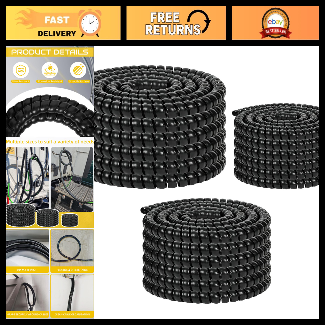 3 Pcs Spiral Cable Wrap Protector 25FT - Hydraulic Hose Guard, Prevent Wear & Ex