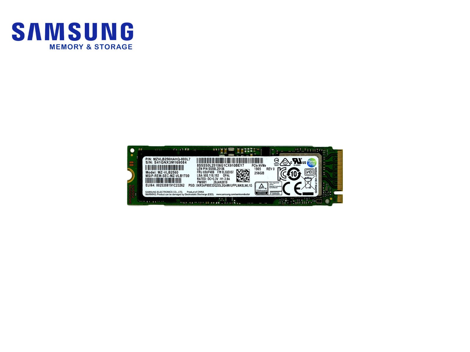 Samsung MZVLB256HAHQ-000L7 - 256GB NVMe PCIe Gen3 x4 M.2 2280 SSD [FRU: 00UP488]