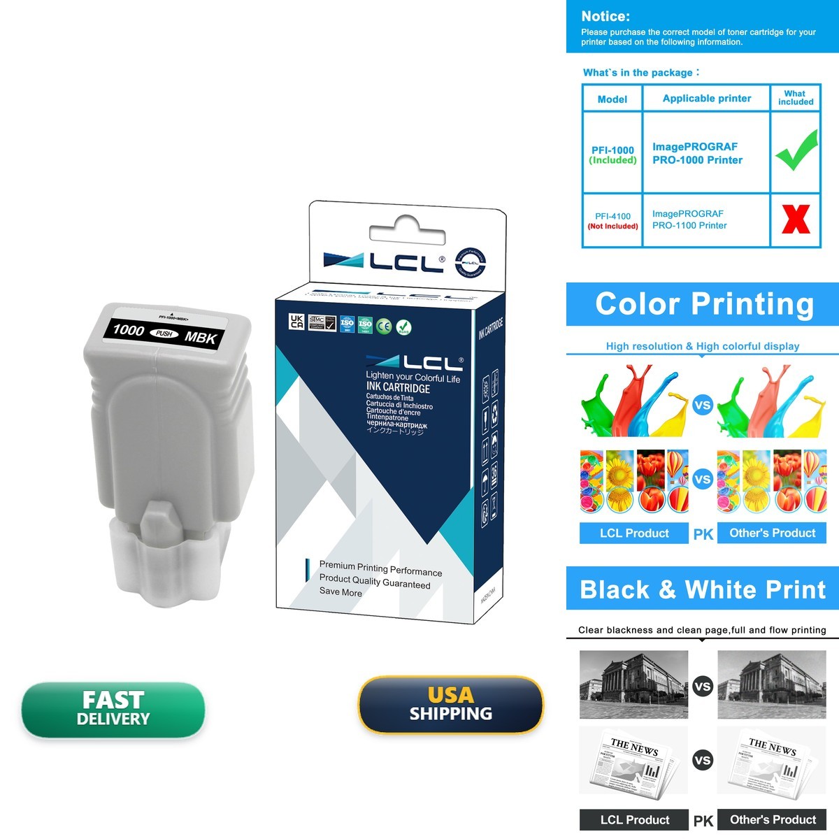 LCL Compatible Ink Cartridge for Canon PFI-1000 MBK 1-Pack imagePROGRAF PRO-1000