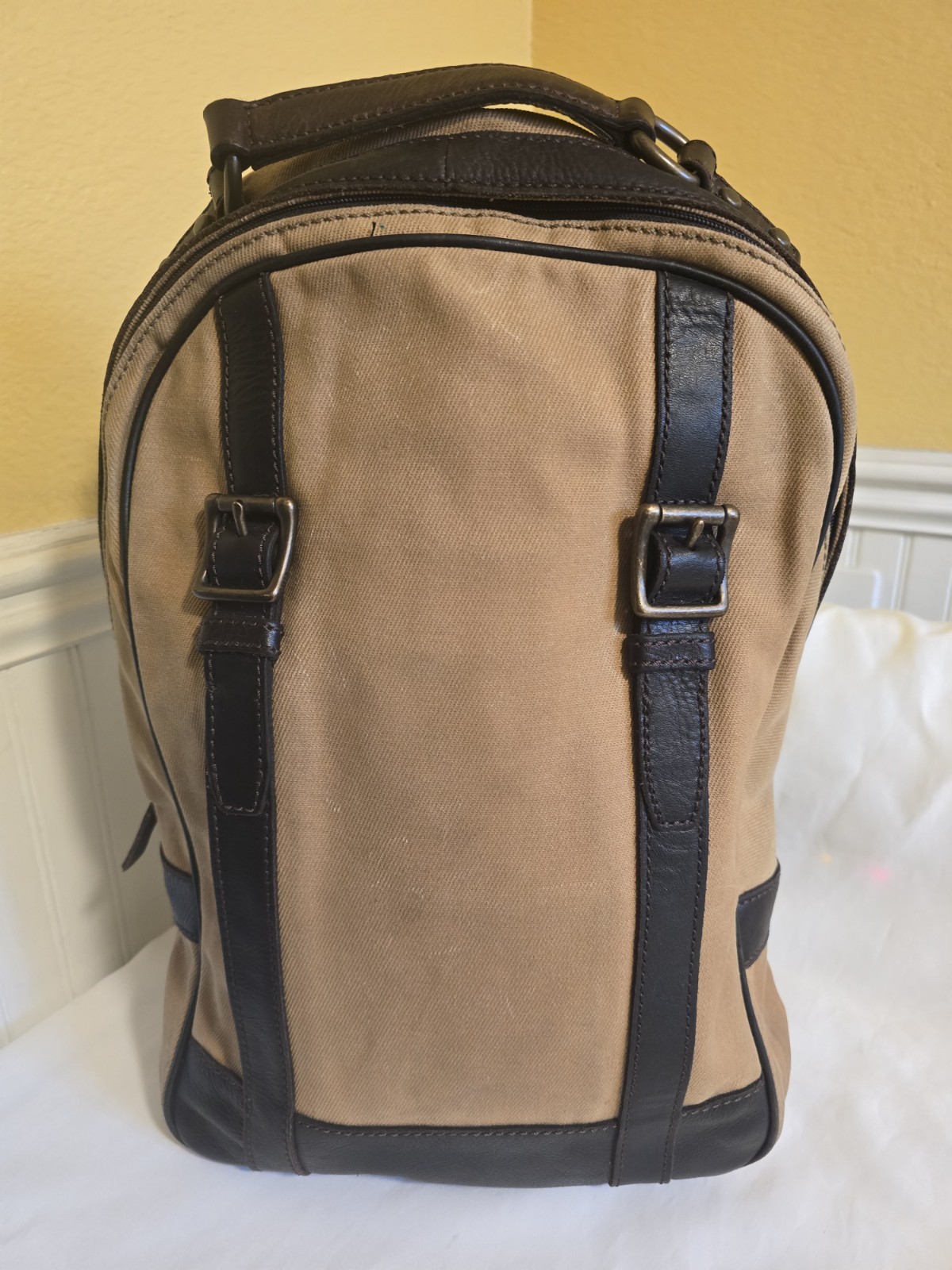 Fossil Padded Tan Canvas Backpack with Dark Brown Leather Trim Accents