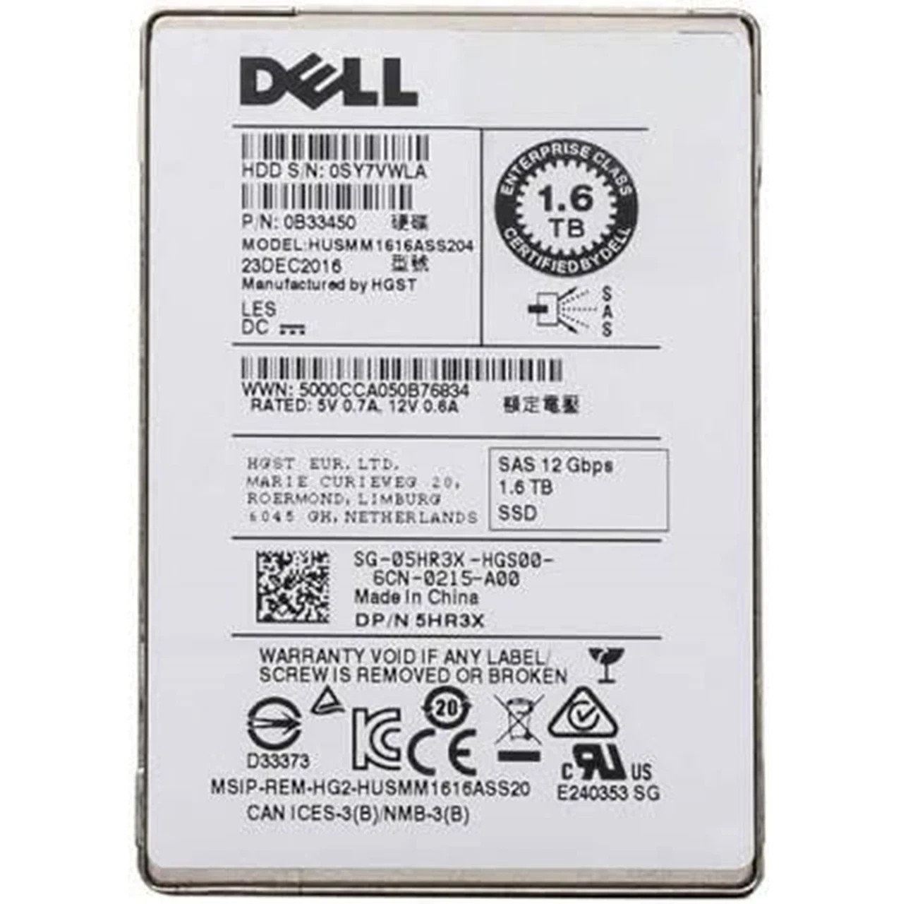 Dell 1.6TB 12Gb/s SAS 2.5" SSD 5HR3X Enterprise Server Solid State Drive