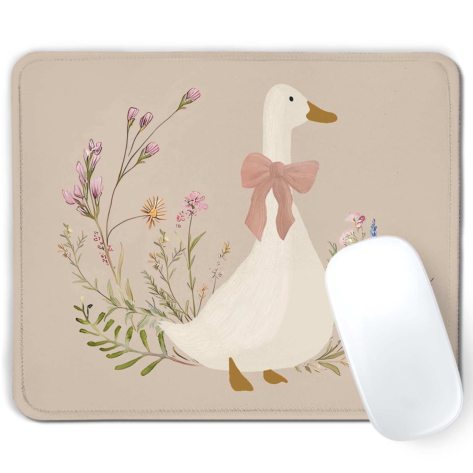 Coquette Pink Bow Floral Goose Mouse Pad, Funny Silly Goose Mousepad Mouse Ma...