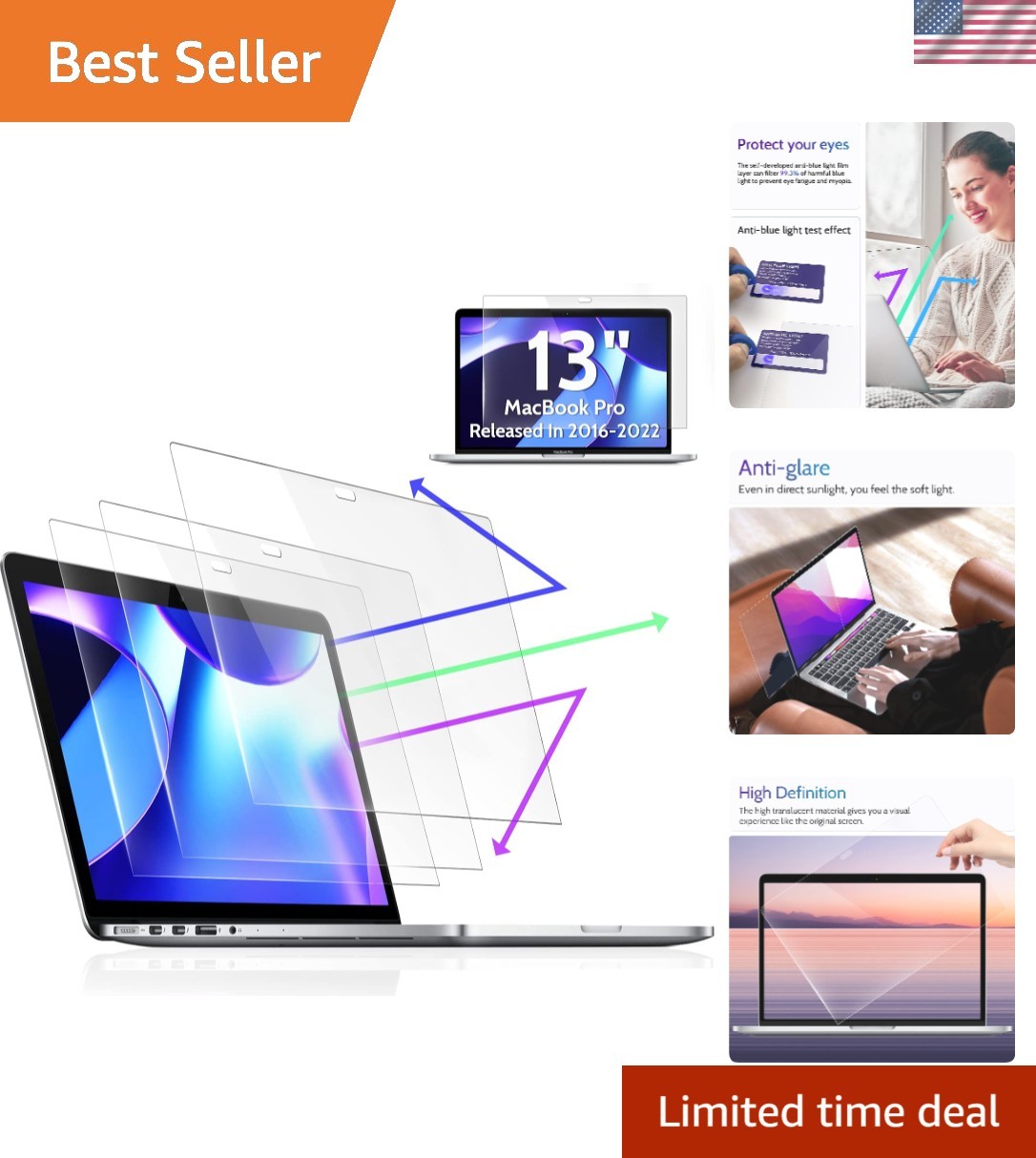 3-Pack Anti-Blue Light Screen Protectors for MacBook Pro 13" - Scratch Resistant