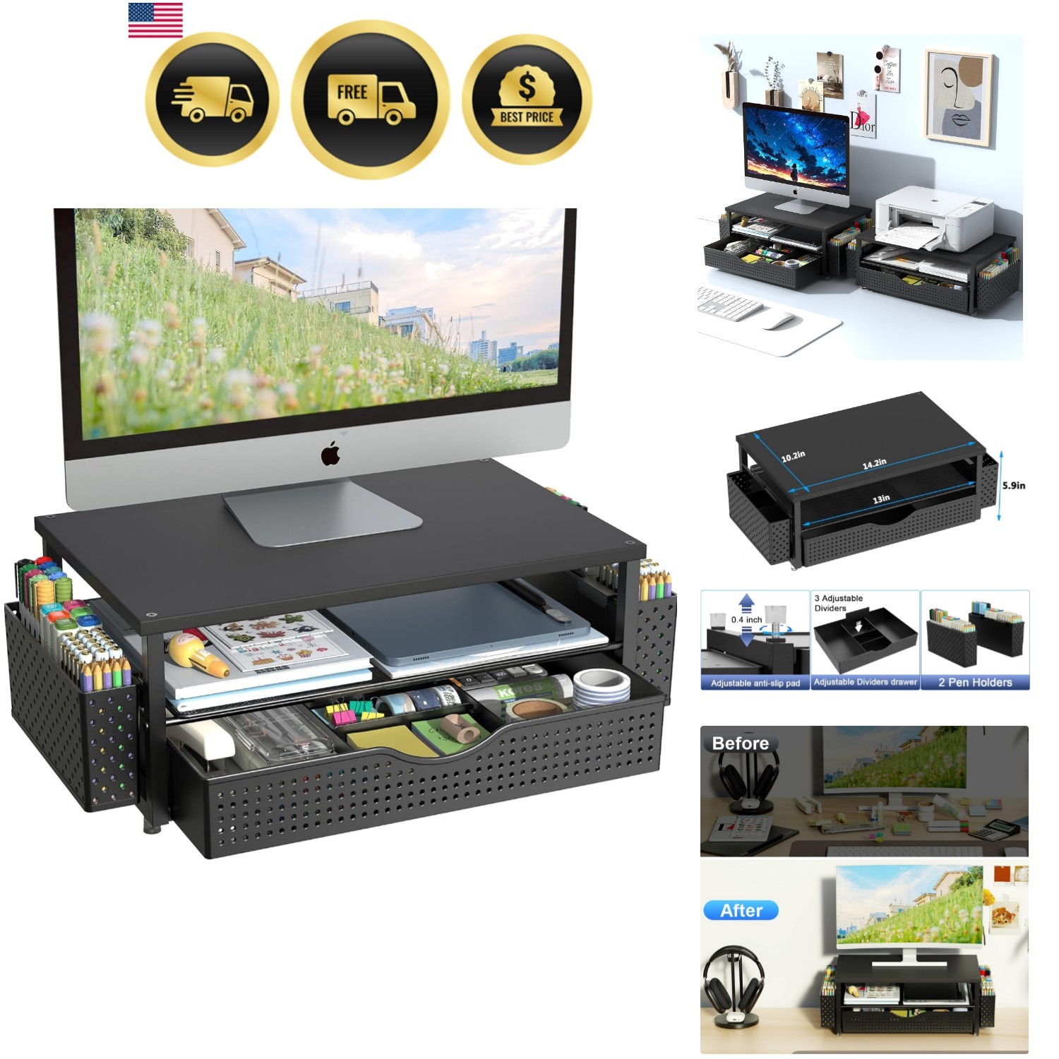Desk Organizer and Accessories, Computer Monitor Stand Riser with Drawer and ...