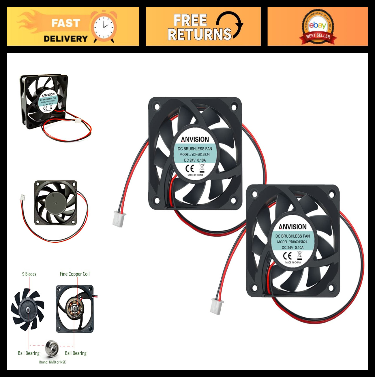 2-Pack 60mm x 15mm DC 24V Brushless Cooling Fans, Dual Ball Bearing, Quiet & Eff
