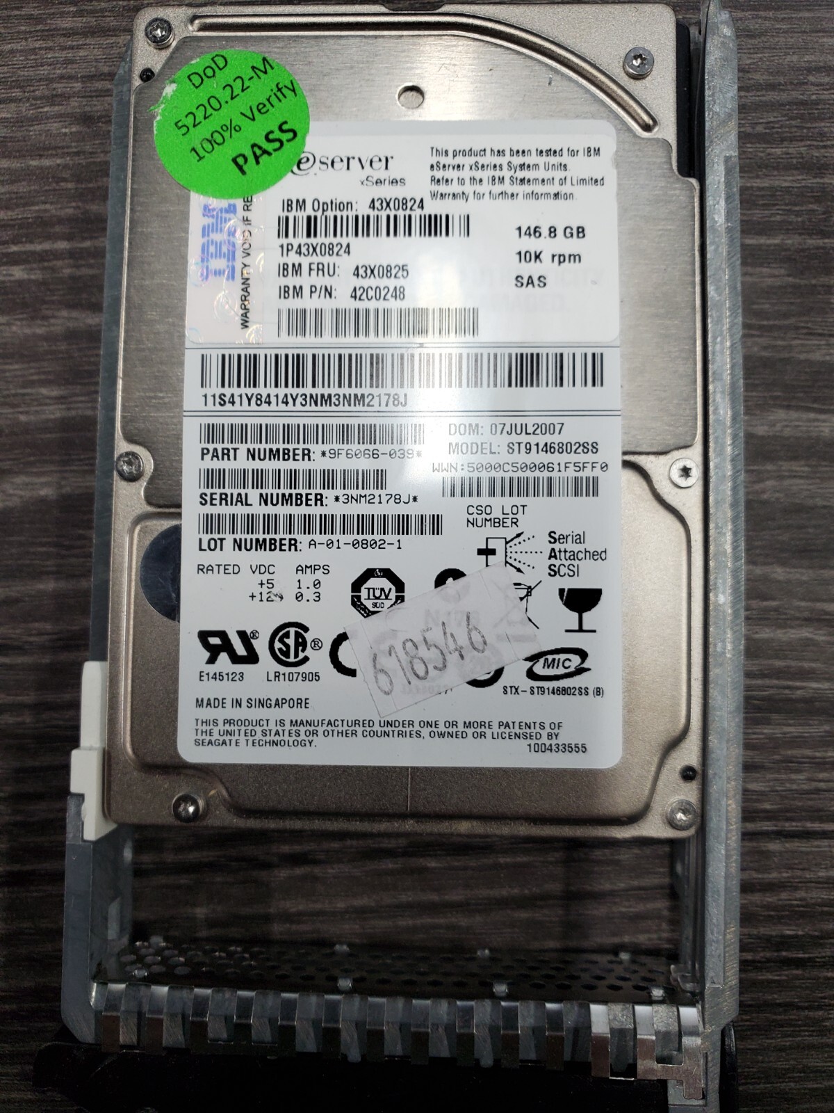 Seagate IBM 146gb 10k rpm SAS 9F6066-039 ST9146802SS w/Tray Server Only