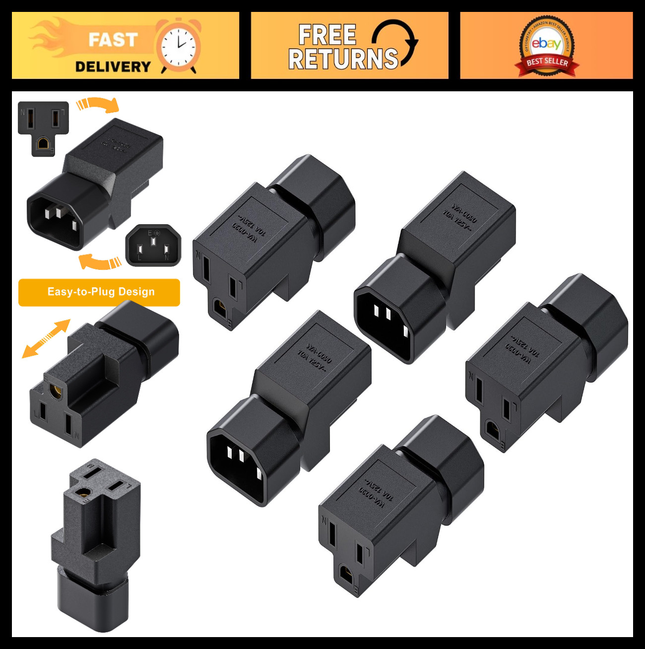 5-Pack IEC 320 C14 to NEMA 5-15R AC Power Adapter, 3-Pole Male to Female Convert