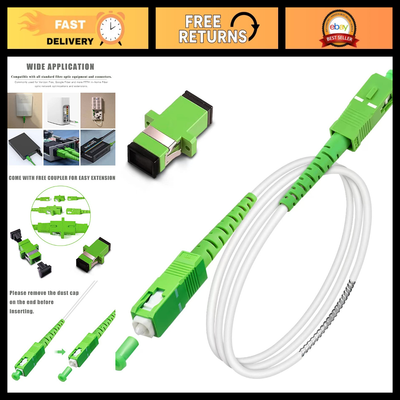 5M SC/APC to SC/APC Fiber Optic Cable, Armored Single Mode Patch Cord, 9/125um,