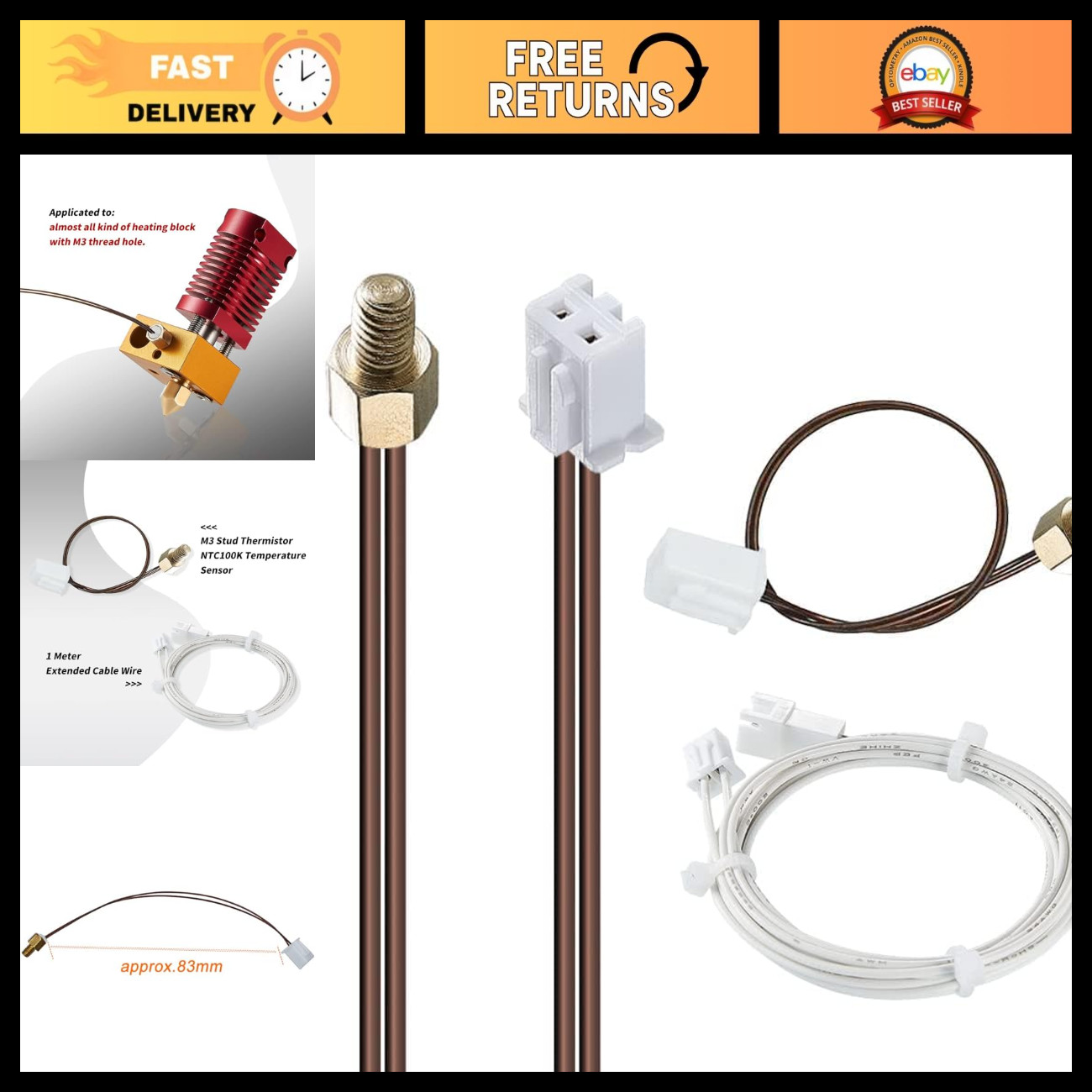 3D Printer NTC 100K Thermistor for Ender 3 M3, High Precision Temperature Sensor
