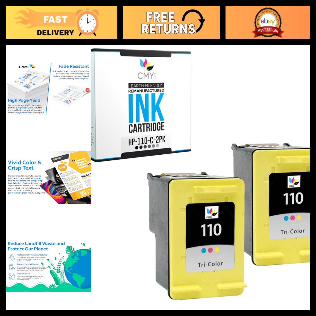 110 Color Ink Cartridge Replacement for HP PhotoSmart A510 A520 A610 (2 Tricolor