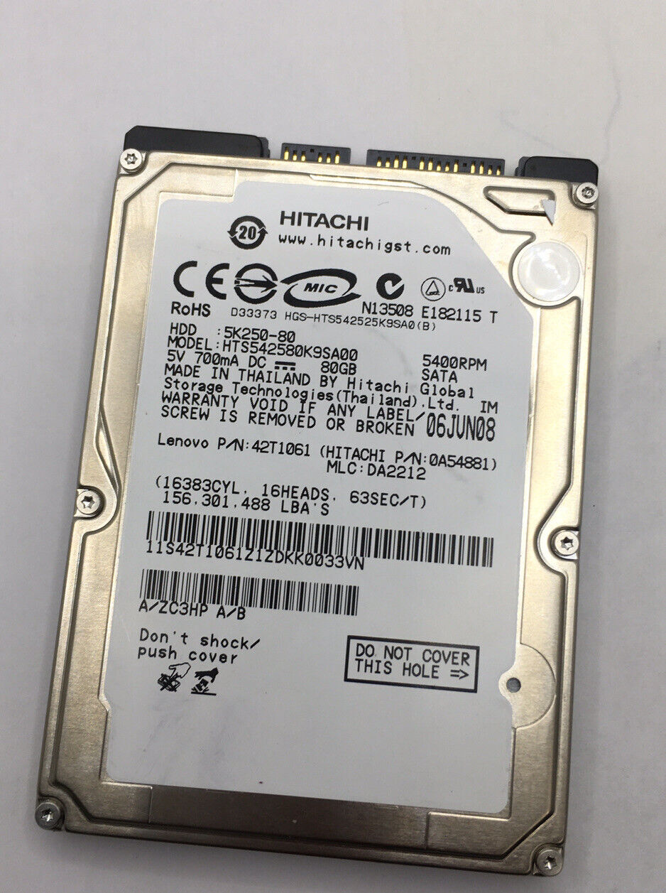 Hitachi 80GB 2.5" SATA HTS542580K9SA00 Laptop Hard Drive 5K250-80 