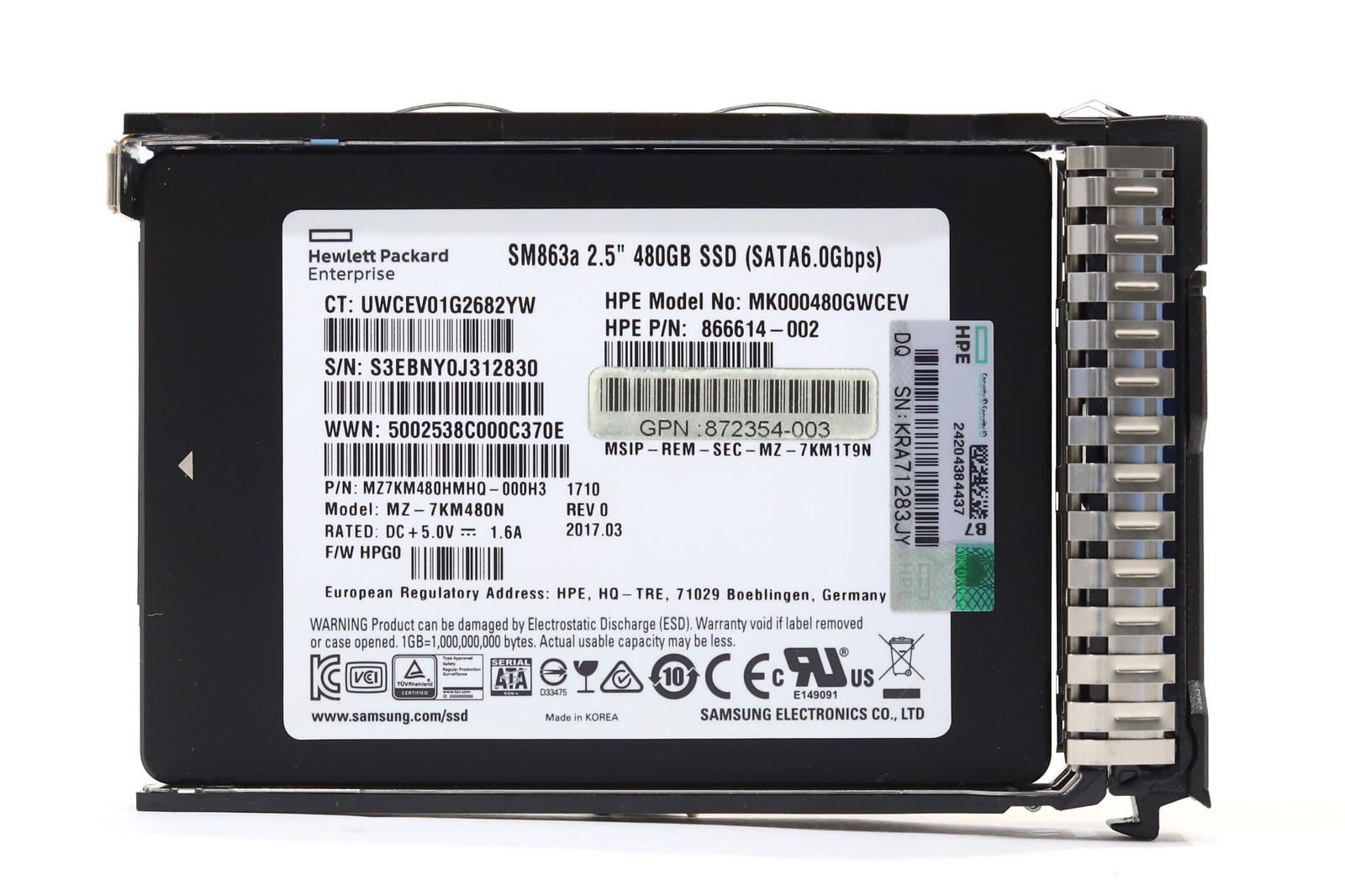 HPE MK000480GWCEV SM863a 480GB 2.5" 6Gb/s SATA SSD W/Caddy P/N:872354-003 Tested