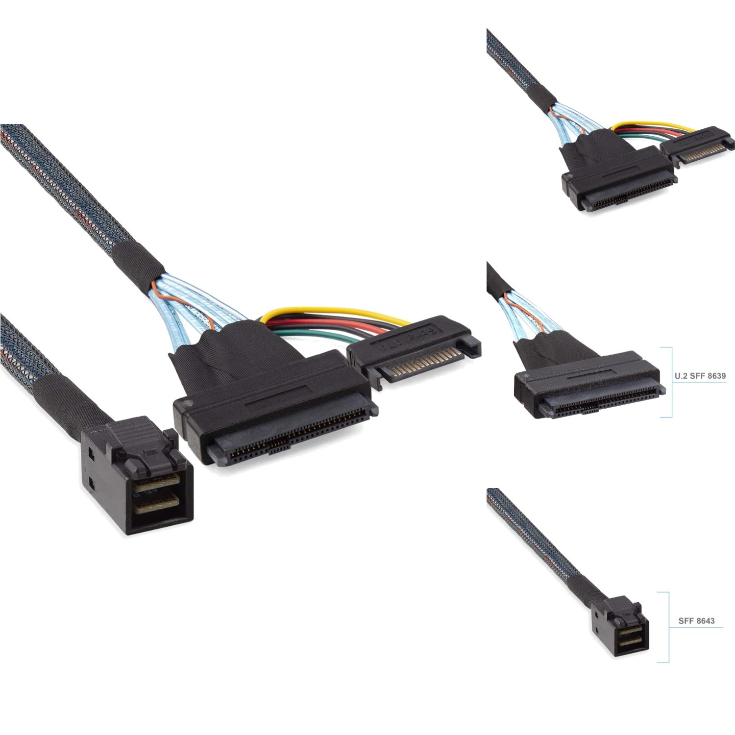 SFF-8643 to U.2 SFF-8639 Cable PCIe 4.0 X4 NVMe SSD SATA Power 1.6ft Hot-Swap