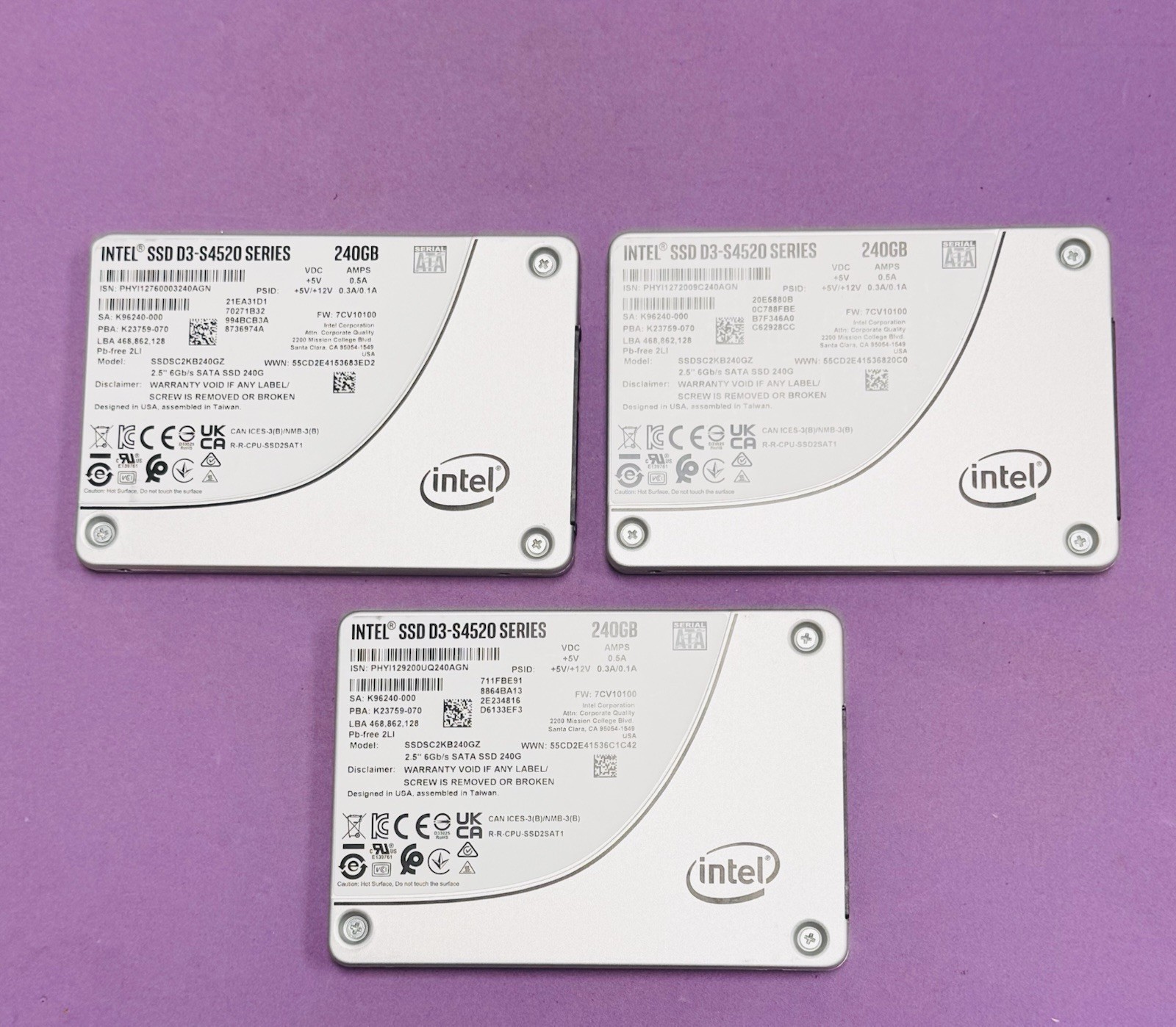 [Lot of 3] Intel D3-S4520 2.5" 240GB SATA III SSD SSDSC2KB240GZ