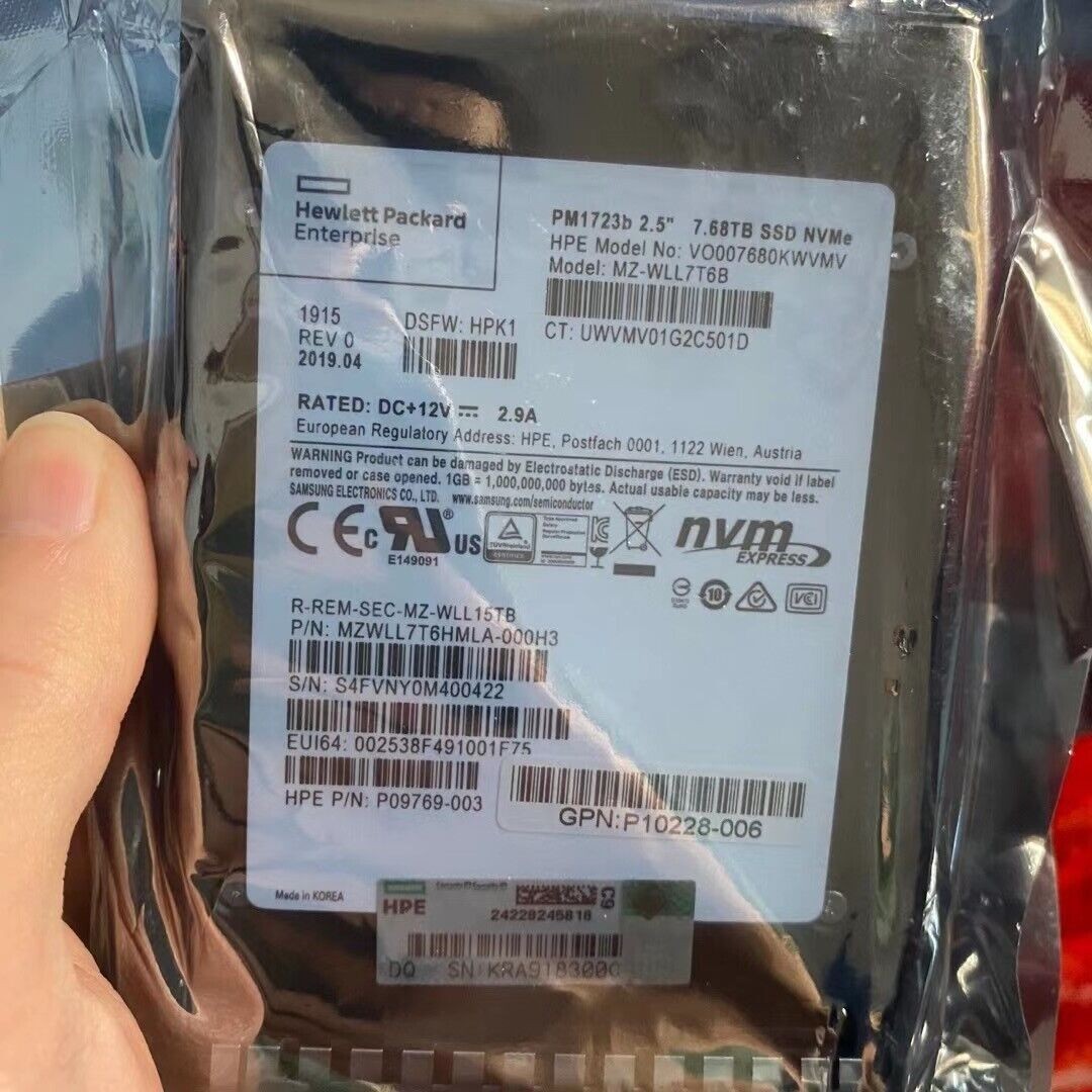 7.68TB Samsung SSD PM1723b NVME AEPC15T4P5xnNTLC MZ-WLL7T6B MZWLL7T6HMLA-000H3