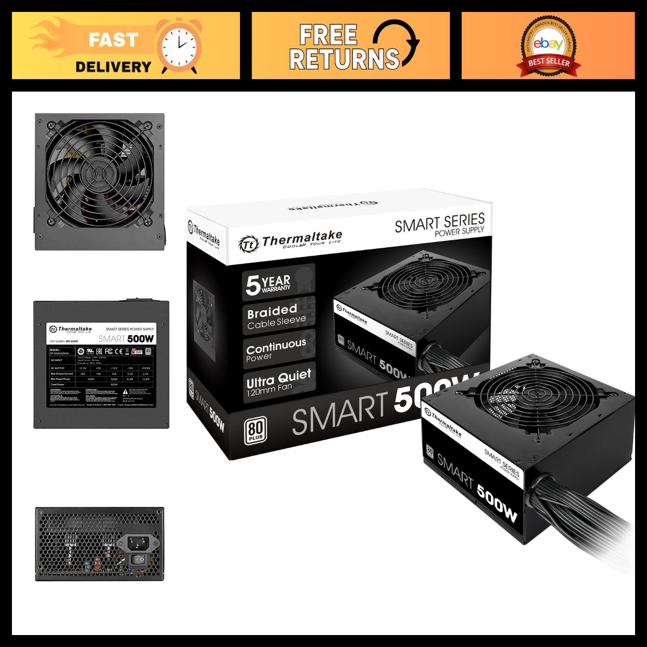 500W 80+ White Certified Power Supply, Ultra Quiet 120mm Fan, ATX PSU, Active PF