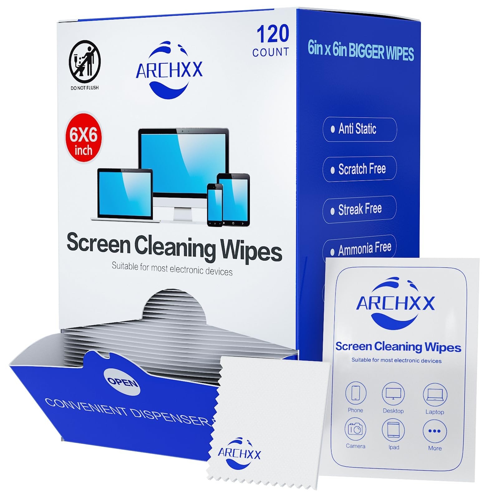 Screen Wipes for Electronics, 120 Count 6"x6" Pre-Moistened Screen Cleaner for S