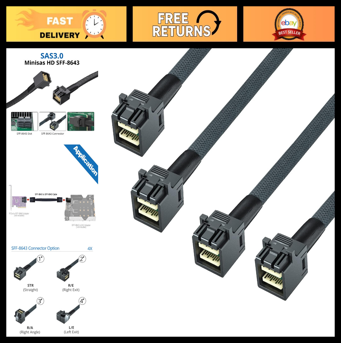 12G Mini SAS HD Cable SFF-8643 to SFF-8643, 0.5m, Hot-Swap, NVMe/RAID, 2 Pack
