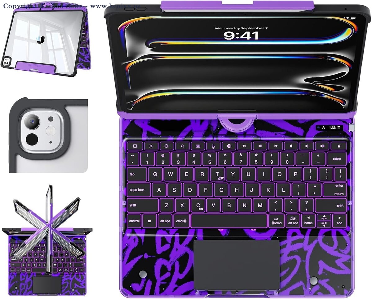 iPad Pro 13" Case with Keyboard, 360° Swivel, 7-Color Backlit, Purple