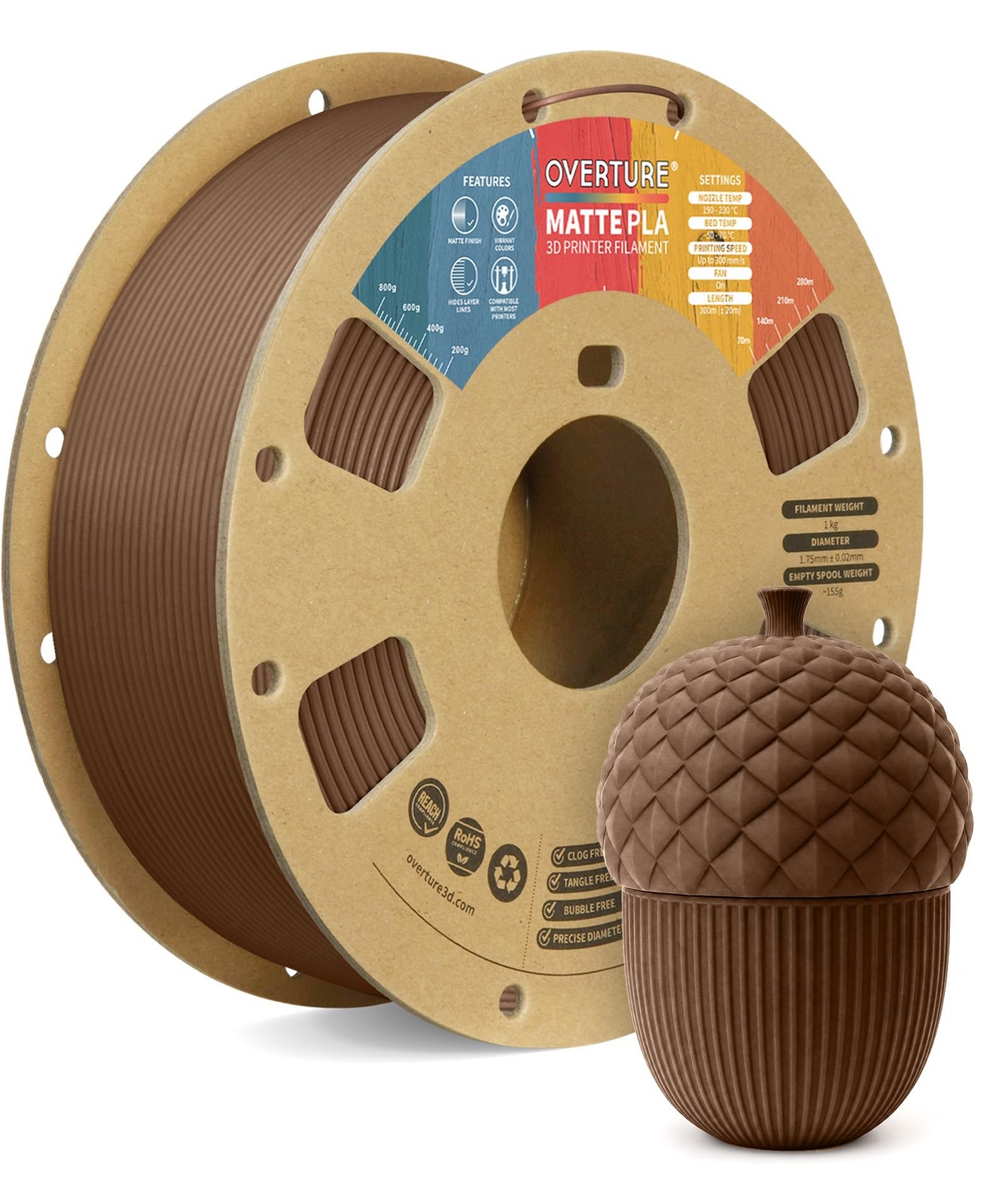 OVERTURE Matte PLA Filament 1.75mm, 1kg Matte Chocolate