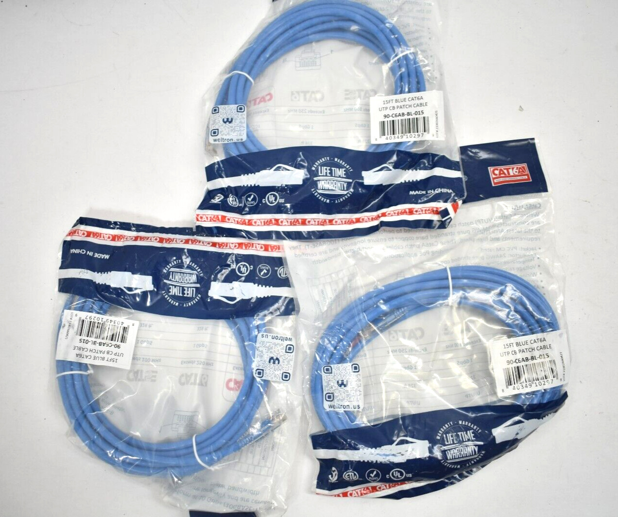 Lot of 3 Weltron Snagless Patch Cables 15' Blue Cat6 6A UTP 90-C6AB-BL-015