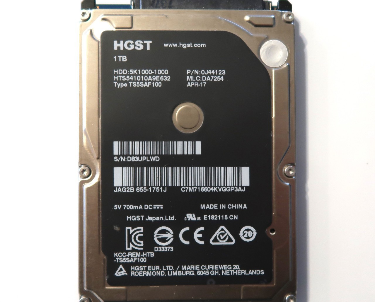 HTS541010A9E632 PN: 0J44123 MLC: DA7254 (D83) China 1TB 2.5" Sata HDD 04/2017