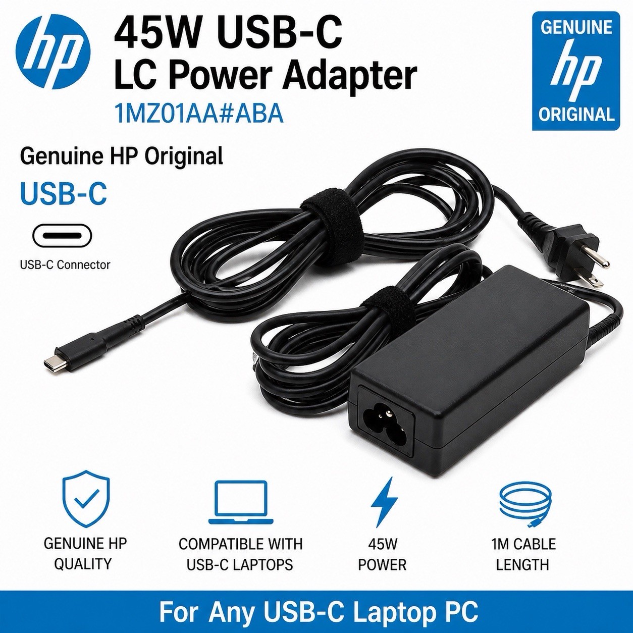 NEW GENUINE HP 45W USB-C LC Power Adapter 1MZ01AA#ABA for Any USB-C Laptop PC