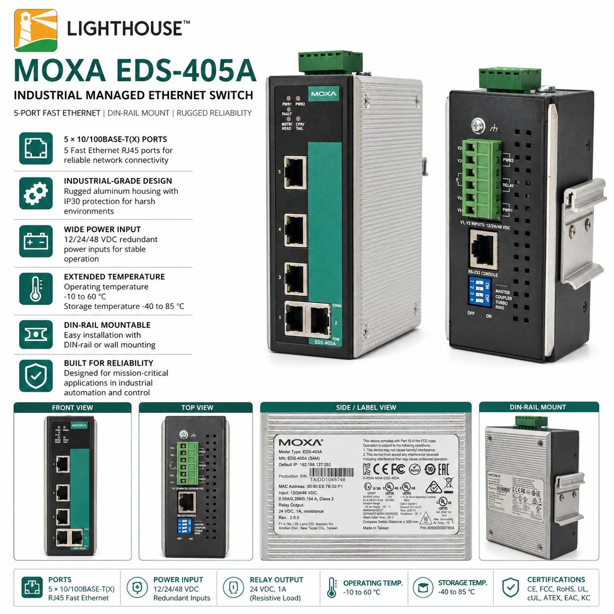 MOXA EDS-405A 5-Port Managed Industrial Ethernet Switch DIN-Rail Automation