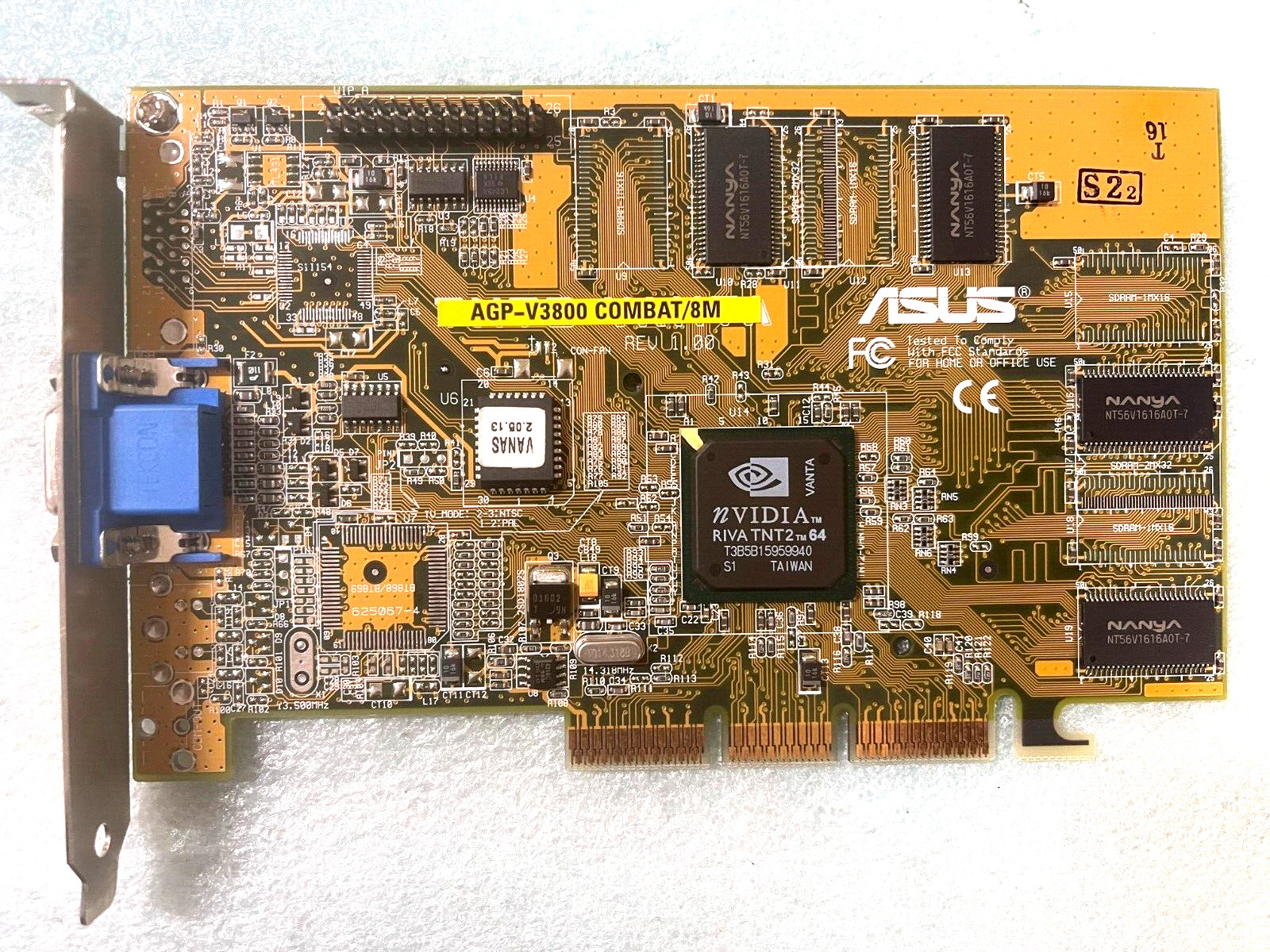 RARE ASUS AGP-V3800 COMBAT / 8M NVIDIA RIVA TNT2 AGP VGA CARD VGA ONLY MXB130