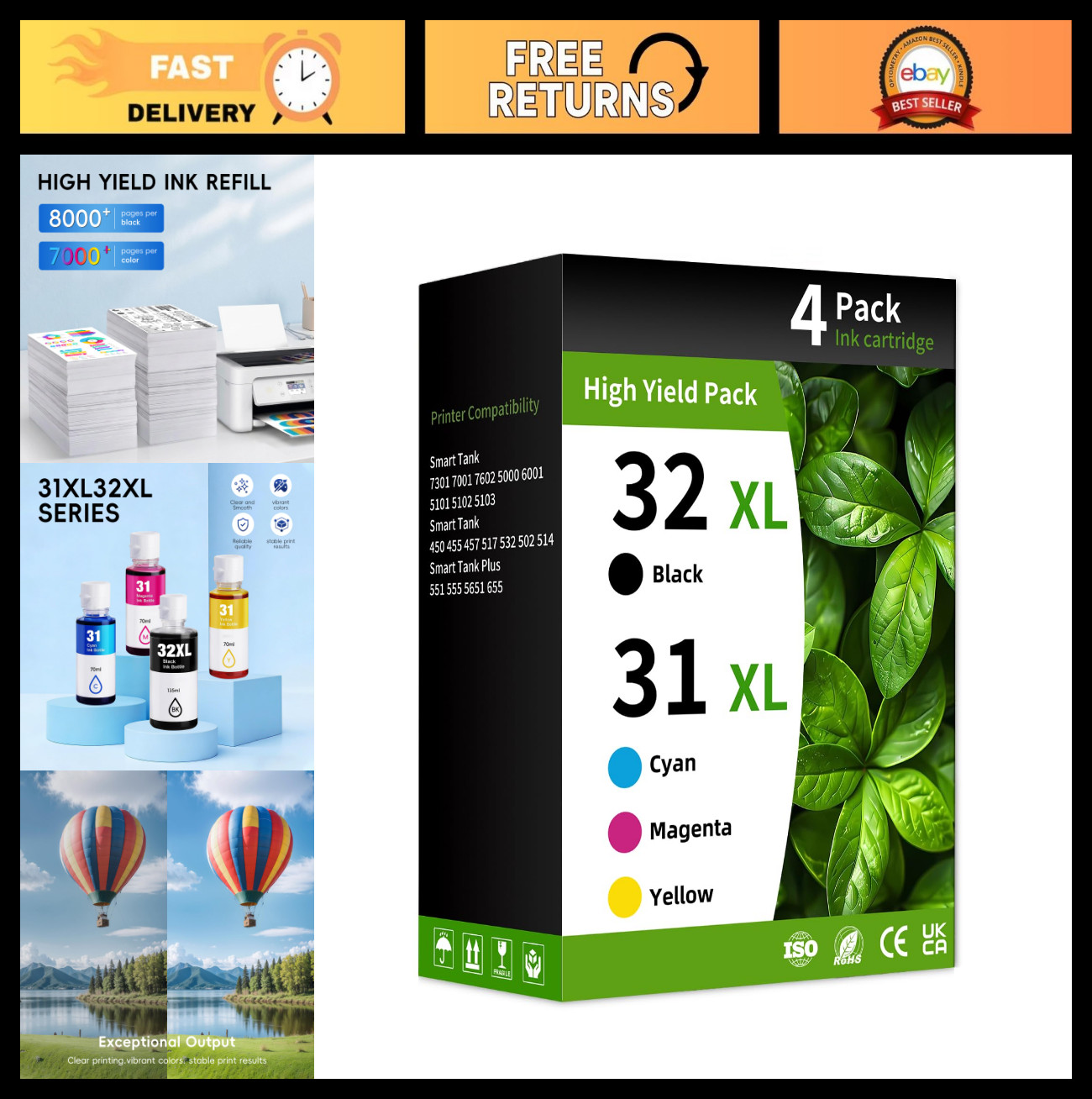 31 32XL Refill Ink Bottle Set Compatible for Smart Tank Printers - Black, Cyan,