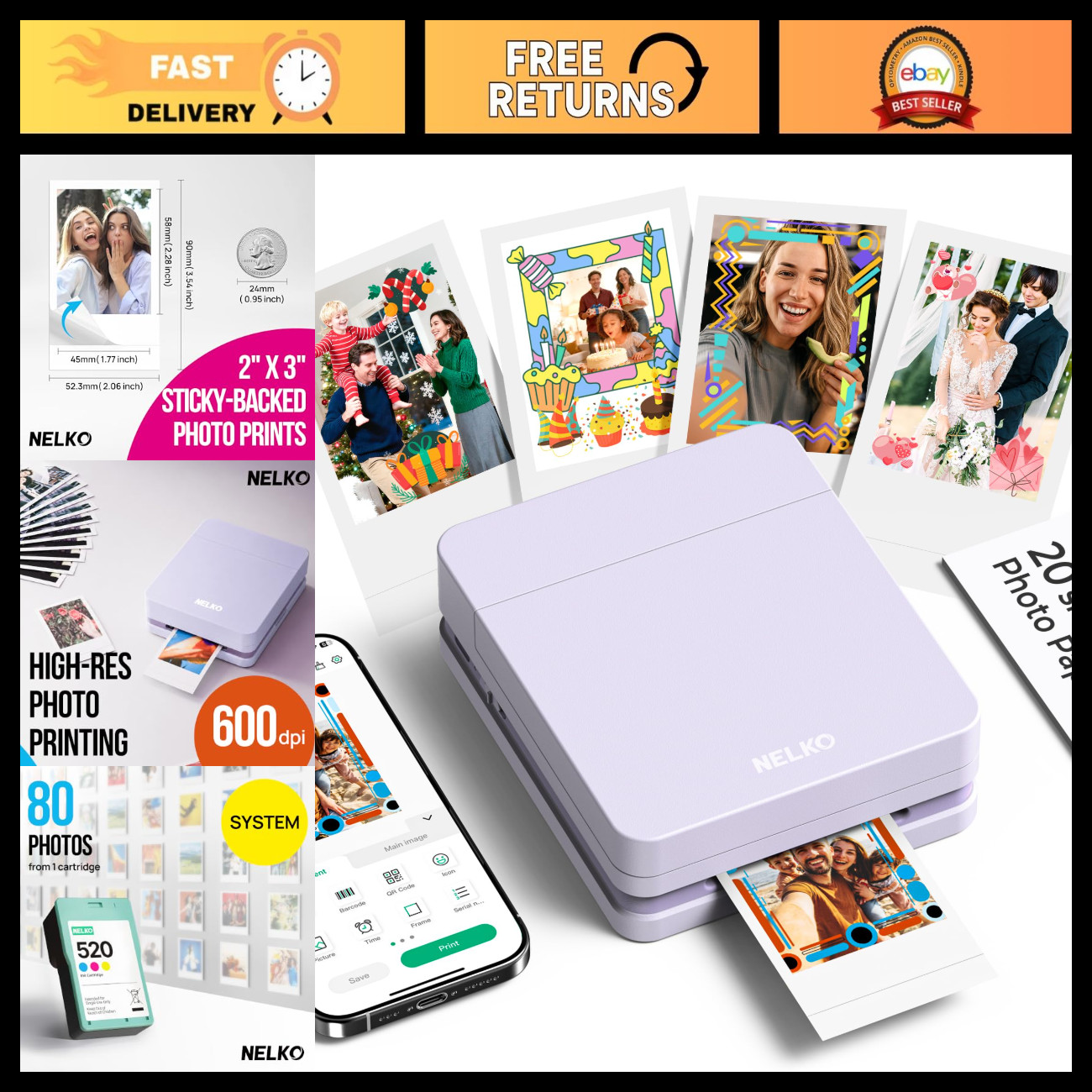 Portable 2x3 Mini Photo Printer - Compact, Wireless, Instant Print, Purple
